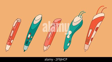 Set of different 3d pens for drawing and prototyping. Children three-dimension doodler for plays and education. Vector isolated objects Stock Vector