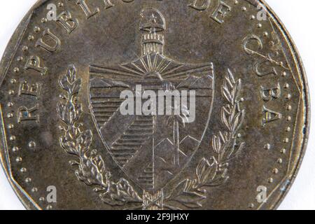 Cuban coat of arms in a one peso coin, Cuba Stock Photo