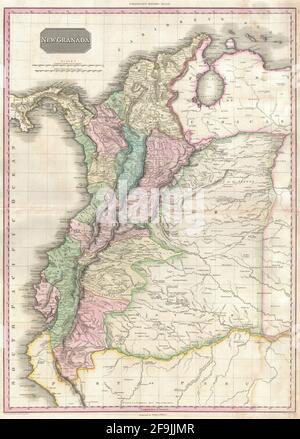 Beautiful vintage hand drawn Pinkerton's map of Venezuela from 1818 with beautiful colorful maps and illustrations of countries, regions and oceans. Stock Photo