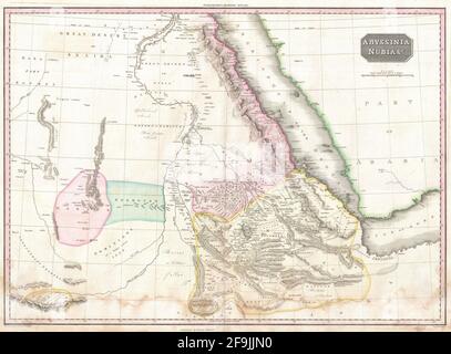 Beautiful vintage hand drawn Pinkerton's map of Abyssinia from 1818 with beautiful colorful maps and illustrations of countries, regions and oceans. Stock Photo