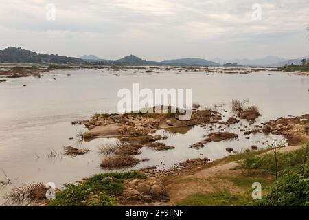 Natural landscape of Mekong River. Border between Laos and Thailand. View of the river from Laos. Stock Photo