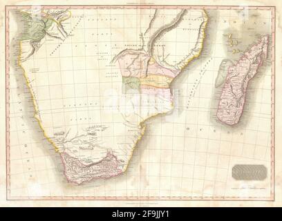 Beautiful vintage hand drawn Pinkerton's map of Southern Africa from 1818 with beautiful colorful maps and illustrations of countries. Stock Photo