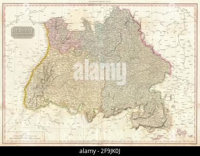 Beautiful vintage hand drawn Pinkerton's map of Germany from 1818 with beautiful colorful maps and illustrations of countries, regions and oceans. Stock Photo