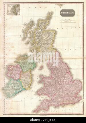 Beautiful vintage hand drawn Pinkerton's map of British Isles from 1818 with beautiful colorful maps and illustrations of countries. Stock Photo