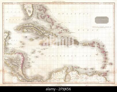 Beautiful vintage hand drawn Pinkerton's map of Caribbean from 1818 with beautiful colorful maps and illustrations of countries, regions and oceans. Stock Photo