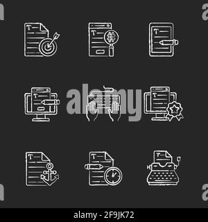 Writing SEO text chalk white icons set on black background Stock Vector