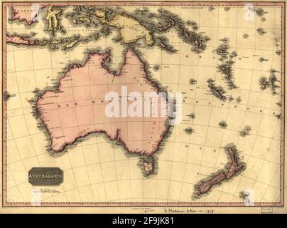 Beautiful vintage hand drawn Pinkerton's map of Australia from 1818 with beautiful colorful maps and illustrations of countries, regions and oceans. Stock Photo