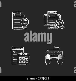 SEO text chalk white icons set on black background Stock Vector