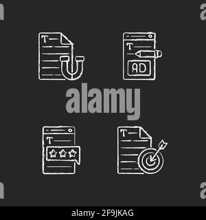 Engaging online content chalk white icons set on black background Stock Vector