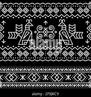 Slovak tribal folk art vector seamless geometric two patterns with brids swirls, zig-zag shapes inspired by traditional painted art from village Cicma Stock Vector