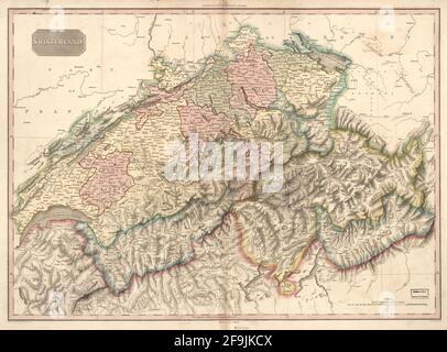 Beautiful vintage hand drawn Pinkerton's map of Switzerland from 1818 with beautiful colorful maps and illustrations of countries, regions and oceans. Stock Photo