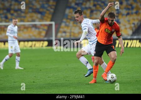 KYIV, UKRAINE - APRIL 17, 2021 - Midfielder Volodymyr Shepeliev (L) of FC Dynamo Kyiv and defender Valeriy Bondar of FC Shakhtar Donetsk are seen in a Stock Photo