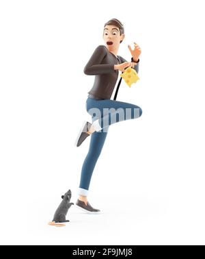 3d cartoon man with piece of cheese scared of rat, illustration isolated on white background Stock Photo