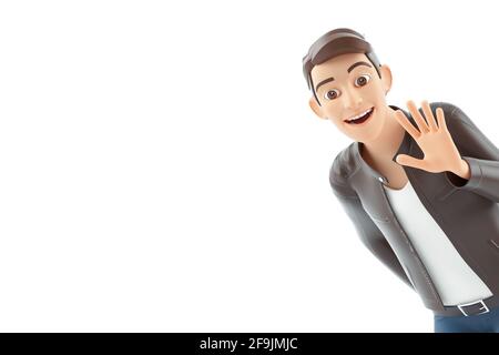 3d portrait cartoon man saying hello, illustration isolated on white background Stock Photo