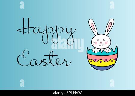 Happy Easter Day illustration background. Easter eggs and rabbit sit in cracked egg shell with Happy Easter text on blue background. Cartoon style Stock Photo