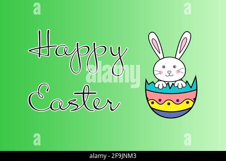 Happy Easter Day illustration background. Easter eggs and rabbit sit in cracked egg shell with Happy Easter text on green background. Cartoon style Stock Photo
