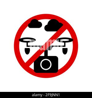 No drone zone sign. Quadcopter prohibition sign. Forbidden round sign. Vector illustration isolated on white. Stock Vector