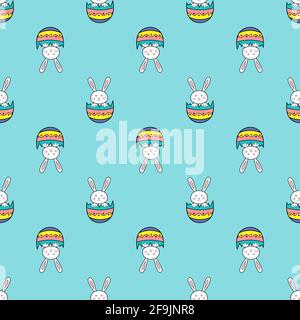 Happy Easter seamless pattern with rabbit in egg shell on blue background illustration. Cute cartoon character Stock Photo