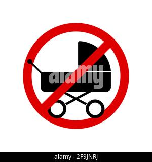 Baby carriage not allowed sign. Children stroller prohibition sign. Forbidden round sign. Vector illustration isolated on white. Stock Vector