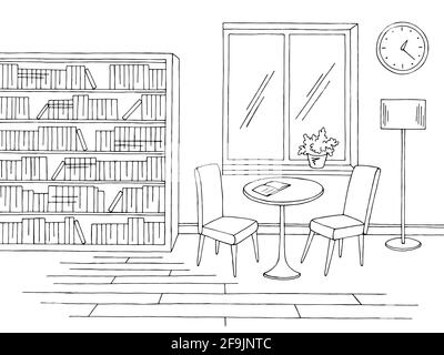 Library interior graphic black white sketch illustration vector Stock Vector