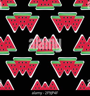 black seamless pattern with slice of watermelon in the form of a triangular. summer Stock Vector