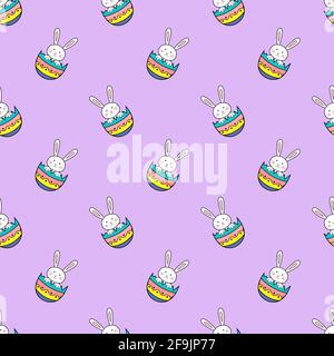 Happy Easter seamless pattern with rabbit in egg shell on purple background illustration. Cute cartoon character Stock Photo