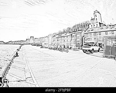 The Fish Quay, North Shields, England, UK, United Kingdom as a pencil drawing Stock Photo