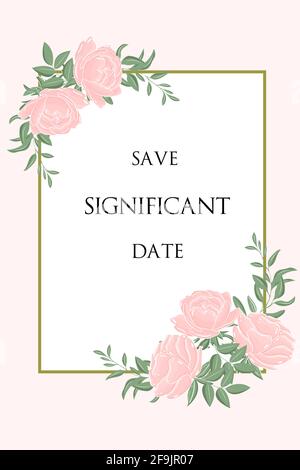 Rectangular frame with flowers. Floral pattern with place for text. Pink peonies, decoration. Date template. Postcard or invitation. Background. Vecto Stock Vector