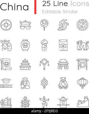Asian calligraphy line icons collection. Brushwork, Ink, Paper, Culture ...