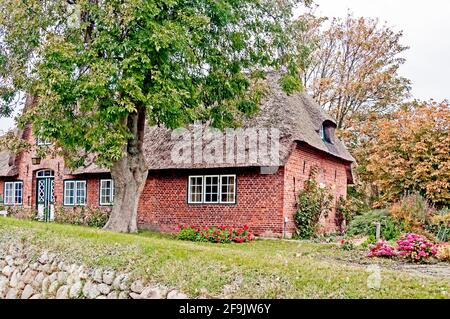 Thatched frisian Cottage on the Island of Sylt; Friesenhaus auf Sylt Stock Photo