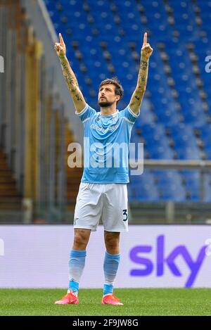 Rome, Italy. 18th Apr, 2021. Francesco Acerbi of S.S. Lazio celebrates during the 2020-2021 Italian Serie A Championship League match between S.S. Lazio and Benevento Calcio at Stadio Olimpico.Final score; SS Lazio 5:3 Benevento Calcio. Credit: SOPA Images Limited/Alamy Live News Stock Photo