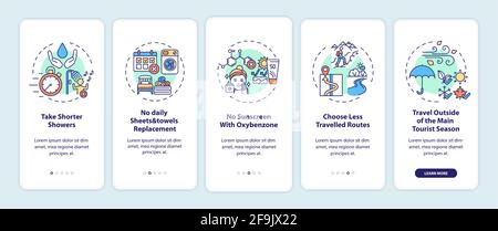 Sustainable tourism ideas onboarding mobile app page screen with concepts Stock Vector