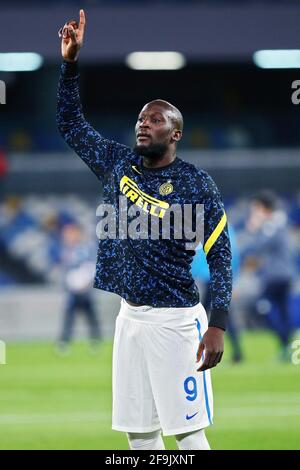 Romelu Lukaku of Internazionale gestures during warm up before the Italian championship Serie A football match between SSC Napoli and FC Internazionale on April 18, 2021 at Diego Armando Maradona Stadium in Naples, Italy - Photo Federico Proietti / DPPI / LiveMedia Stock Photo