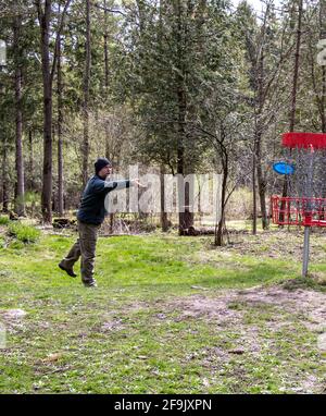 Middle aged man smiling and playing disc golf in forest Stock Photo