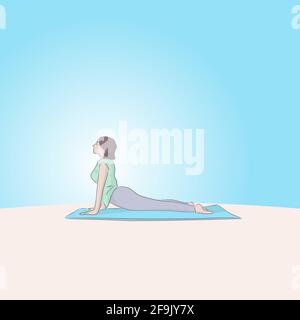 Full-length woman in green and pale violet activewear practising yoga asana and doing Urdhva Mukha Svanasana Upward Facing Dog stretches chest and spi Stock Vector