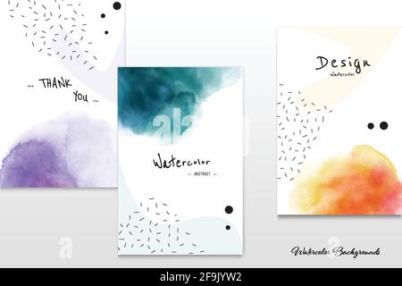 Set of creative cards with colorful stains watercolor style. Artistic hand-painted vectors can be used to decorate cover, postcard, brochures, invitat Stock Vector