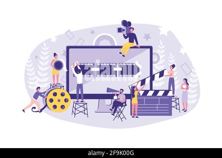 Business Concept Motion Design Studio. Teamwork of Clerks, Designer, Editor, Director on individual ontent. Businessmen Create and promote their own Stock Vector