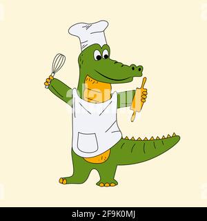 vector illustration of a cook crocodile in a chefs cap and apron mascot hold in hands rolling pin and whisk, kind alligator Stock Vector