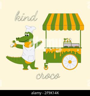 Vector illustration of cheerful crocodile stands in a chefs cap and apron near an ice cream cart, inscription kind croco, alligator holds waffle cups Stock Vector