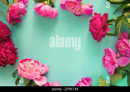 Frame made of pink peonies flower on gray background. Flat lay, top ...