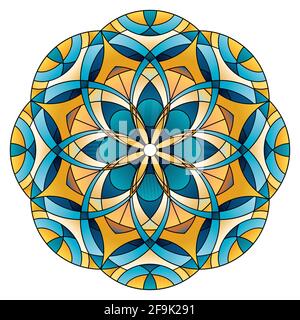 Round ornament oriental stained glass mandala in yellow and blue colors Stock Vector
