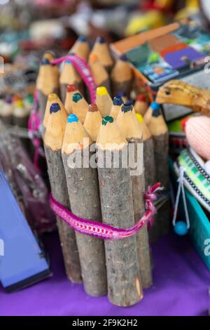 several colored pencils together, they are traditional pieces and with rustic wood, detail of the texture Stock Photo