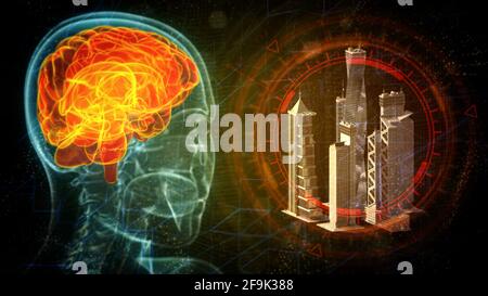 cg 3d illustration of industry, brain stricken by urban stress Stock ...
