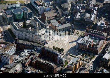 aerial view from the west of Millennium Square, Leeds with Leeds Civic Hall on the left & Nelson Mandela Gardens on the right Stock Photo