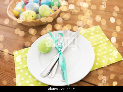 close up of table setting and easter eggs Stock Photo