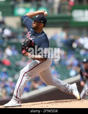 Atlanta Braves starting pitcher Huascar Ynoa throws against the Chicago Cubs in the first inning at Wrigley Field on Saturday, April 17, 2021, in Chicago. (Photo by John J. Kim/Chicago Tribune/TNS/Sipa USA) Stock Photo