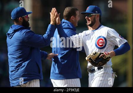 The Chicago Cubs' Kris Bryant, right, high-fives pitcher Jake Arrieta after a 13-4 win against the Atlanta Braves at Wrigley Field on Saturday, April 17, 2021, in Chicago. (Photo by John J. Kim/Chicago Tribune/TNS/Sipa USA) Stock Photo