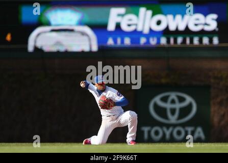 Chicago Cubs shortstop Javier Baez fields a ball for an out in the eighth inning against the Atlanta Braves at Wrigley Field on Saturday, April 17, 2021, in Chicago. (Photo by John J. Kim/Chicago Tribune/TNS/Sipa USA) Credit: Sipa USA/Alamy Live News Stock Photo