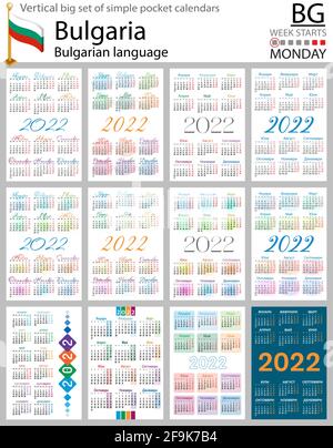 Bulgarian vertical Big set of pocket calendars for 2022 (two thousand twenty two). Week starts Monday. New year. Color simple design. Vector Stock Vector