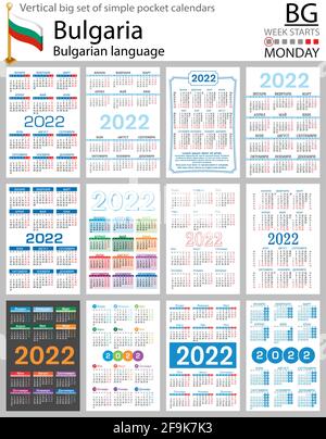 Bulgarian vertical Big set of pocket calendars for 2022 (two thousand twenty two). Week starts Monday. New year. Color simple design. Vector Stock Vector